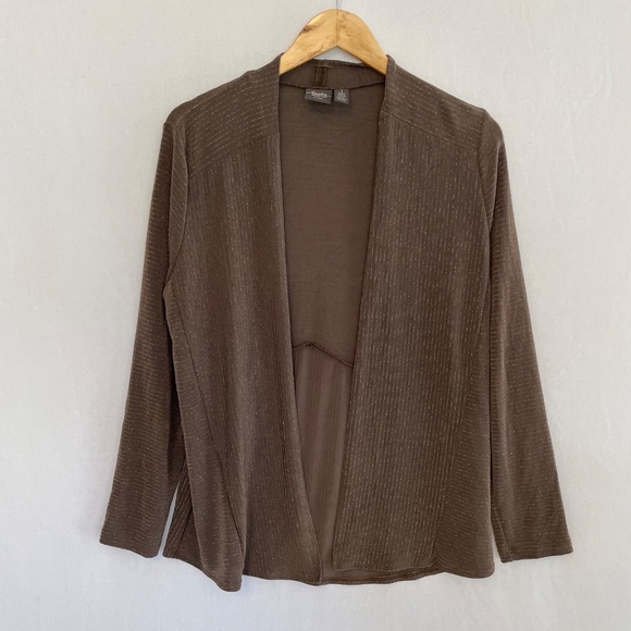 CHICO’S TRAVELERS Size 1 US Medium Open Front Dark Tan Metallic Thread Cardigan - Picture 4 of 4